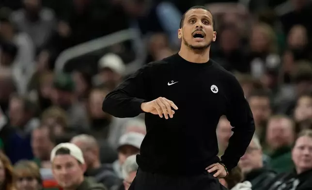 Boston Celtics head coach Joe Mazzulla gestures during the first half of an NBA basketball game against the Milwaukee Bucks, Monday, March 2, 2026, in Milwaukee. (AP Photo/Aaron Gash)