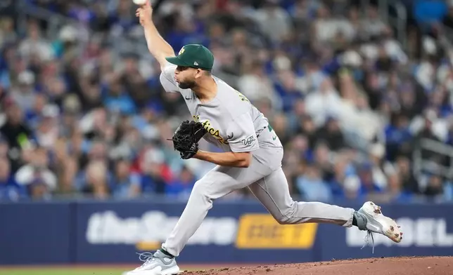 Athletics pitcher Luis Morales pitches against the Toronto Blue Jays during first inning American League baseball action in Toronto on Sunday, March 29, 2026. (Nathan Denette/The Canadian Press via AP)