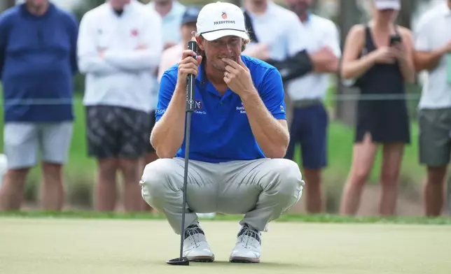 Aaron Smotherman looks at his shot on the eighth green during the third round of the Cognizant Classic golf tournament, Saturday, Feb. 28, 2026, in Palm Beach Gardens, Fla. (AP Photo/Marta Lavandier)