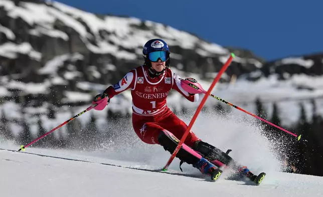 Austria's Katharina Truppe speeds down the course, during an alpine ski, women's World Cup slalom, in Are, Sweden, Sunday, March 15, 2026. (AP Photo/Marco Trovati)