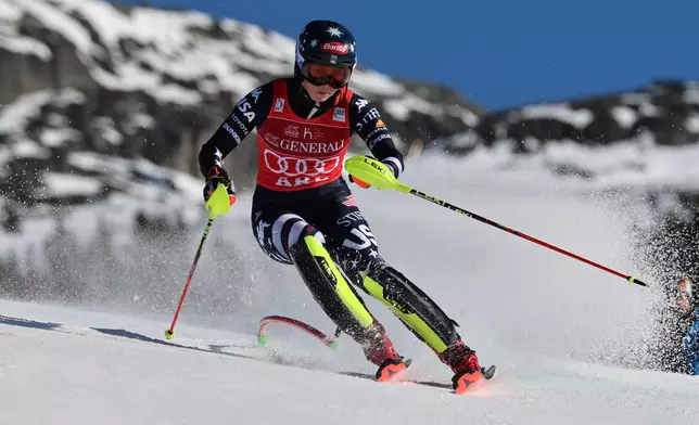United States' Mikaela Shiffrin speeds down the course, during an alpine ski, women's World Cup slalom, in Are, Sweden, Sunday, March 15, 2026. (AP Photo/Marco Trovati)