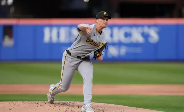 Pittsburgh Pirates' pitcher Mitch Keller (23) throws during the second inning of a baseball game against the New York Mets, Saturday, March 28, 2026, in New York. (AP Photo/Yuki Iwamura)