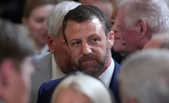 Sen. Markwayne Mullin, R-Okla., arrives before Ireland's Prime Minister Micheál Martin presents President Donald Trump with a bowl of shamrocks during a St. Patrick's Day event in the East Room of the White House, Tuesday, March 17, 2026, in Washington. (AP Photo/Julia Demaree Nikhinson)