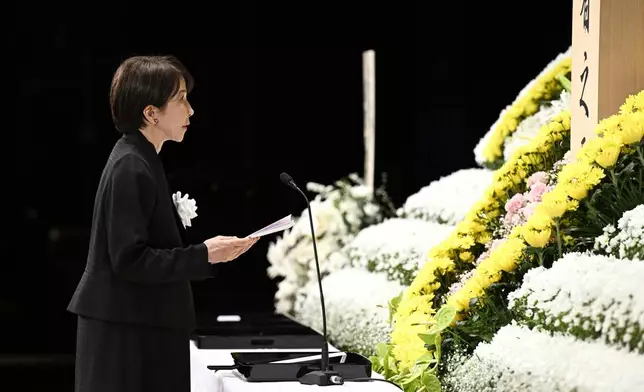 Japan's Prime Minister Sanae Takaichi attends a ceremony in Fukushima, northern Japan Wednesday, March 11, 2026, as the country marked the 15th anniversary of the massive earquake, tsunami and nuclear disaster. (Japan Pool/Kyodo News via AP)