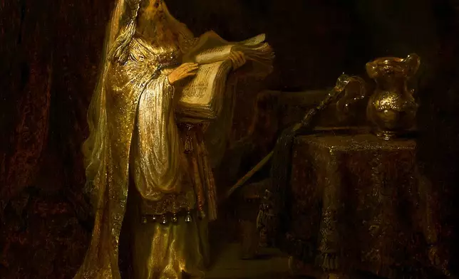 The Rijksmuseum unveiled the work "Vision of Zacharias in the Temple" during a press preview in Amsterdam, Netherlands, Monday, March 2, 2026 and said two years of analysis has confirmed it was painted by Rembrandt. (AP Photo/Peter Dejong)