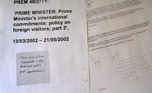 A print out copy of the documents released by the British government are photographed in London, Wednesday, March 11, 2026, and show officials believed there was a "reputational risk" to appointing Peter Mandelson as the U.S. ambassador because of his relationship with convicted sex offender Jeffrey Epstein. (AP Photo/Frank Augstein)