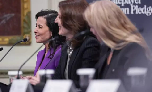Meta President Dina Powell, left, speaks during an event about the Ratepayer Protection Pledge, in the Indian Treaty Room of the Eisenhower Executive Office Building on the White House complex, Wednesday, March 4, 2026, in Washington. (AP Photo/Jacquelyn Martin)