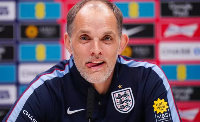 England's manager Thomas Tuchel during a press conference of England's national soccer team in London, England, Monday, March 30, 2026. (Bradley Collyer/PA via AP, Pool)