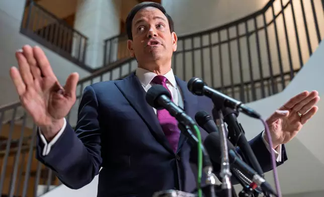 Secretary of State Marco Rubio speaks to reporters as he arrives for an intelligence briefing with top lawmakers on Iran, at the Capitol in Washington, Monday, March 2, 2026. (AP Photo/J. Scott Applewhite)