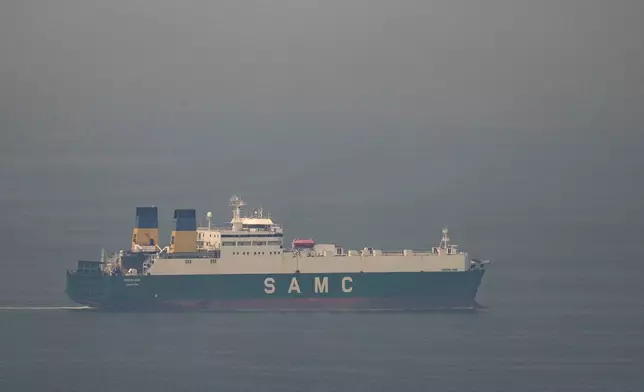 A cargo ship sails in the Arabian Gulf towards Strait of Hormuz in United Arab Emirates, Sunday, March 15, 2026. (AP Photo/Altaf Qadri)
