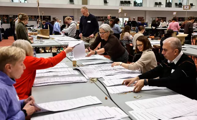People recount votes for the parliamentary election held one day ago, in Aarhus, Denmark, Wednesday, March 25, 2026. (Mikkel Berg Pedersen/Ritzau Scanpix via AP)