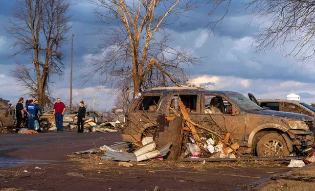 Damage is seen to the car Ashley Steel was stuck in as a reported tornado hit an Applebees in Three Rivers, Mich., on Friday, March 6, 2026. (Devin Anderson-Torrez/MLive via AP)