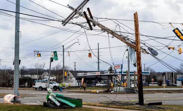 Damage is seen to power lines and traffic signals after a reported tornado in Three Rivers, Mich., on Friday, March 6, 2026. (Devin Anderson-Torrez/MLive via AP)
