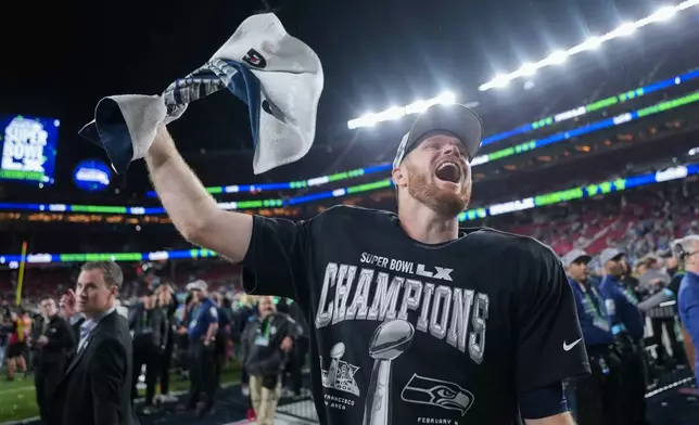 FILE - Seattle Seahawks quarterback Sam Darnold celebrates winning the NFL Super Bowl 60 football game over the New England Patriots, Feb. 8, 2026, in Santa Clara, Calif. (AP Photo/Matt Slocum, File)