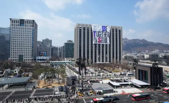 A stage for a comeback concert of K-pop band BTS is seen at Gwanghwamun Square in Seoul, South Korea, Friday, March 20, 2026. (AP Photo/Ahn Young-joon)