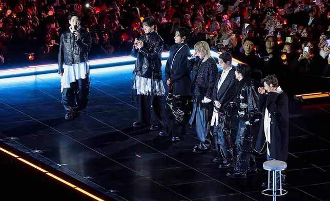 Kpop group BTS on stage during 'BTS The Comeback Live Arirang' concert in central Seoul, South Korea, March 21, 2026. (Kim Hong-Ji/Pool Photo via AP)
