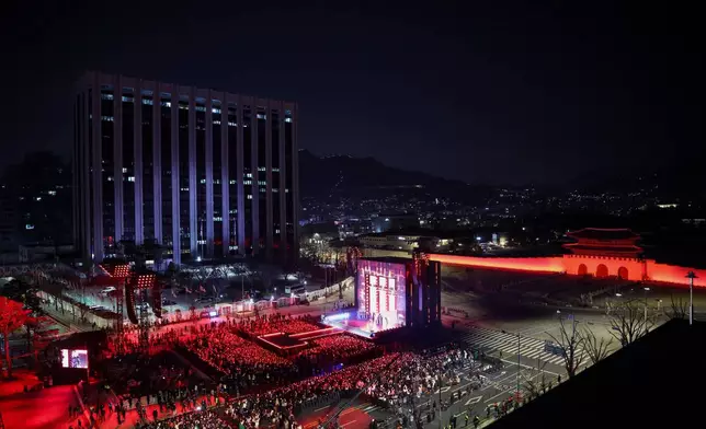Kpop group BTS perform during 'BTS The Comeback Live Arirang' concert in central Seoul, South Korea, March 21, 2026. (Kim Hong-Ji/Pool Photo via AP)