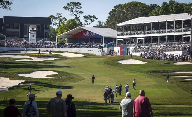 Brandt Snedeker and Gary Woodland make thier way up the fairway on the 18th hole during the third round of the Valspar Championship golf tournament, Saturday, March 21, 2026, in Palm Harbor, Fla. (Chris Urso/Tampa Bay Times via AP)