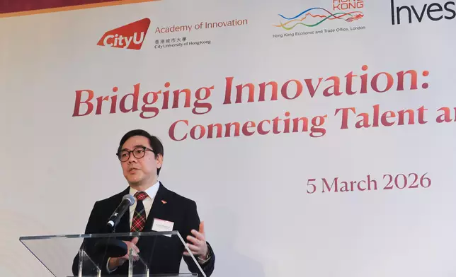 The Hong Kong Economic and Trade Office in London and City University of Hong Kong (CityUHK) cohosted a seminar titled "Bridging Innovation: Connecting Talent and Partnerships" in London, the United Kingdom, on March 5 (London time). Photo shows the CityUHK Associate Vice-President (Innovation) and Director of CityUHK Academy of Innovation, Professor Michael Tse Chi-kong, delivering his opening remarks. Source: HKSAR Government Press Releases