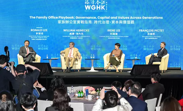 During the panel discussion titled "Family Office Playbook: Governance, Capital, and Values Across Generations" at the Wealth for Good in Hong Kong Summit today (March 24), (from second left) Founder and Chairman of Minor International PCL, Mr William Heinecke; the Chairman of Hysan Development Company Limited, Ms Irene Lee; and Managing Partner of Pictet Group Mr François Pictet discuss intergenerational wealth planning and family governance. To the far left is the moderator, the Head of Private Wealth Management, Asia Pacific of Goldman Sachs, Mr Ronald Lee. Source: HKSAR Government Press Releases