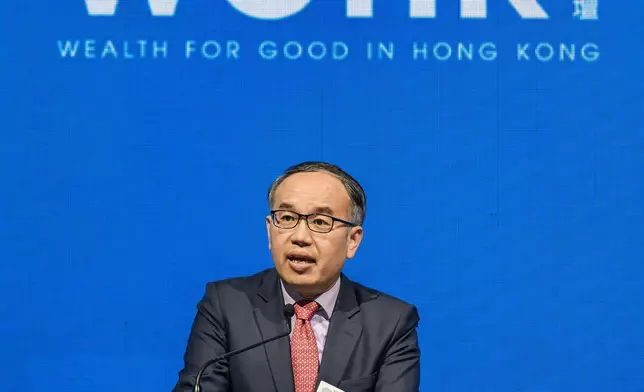 The Secretary for Financial Services and the Treasury, Mr Christopher Hui, delivers his remarks at the fourth edition of the Wealth for Good in Hong Kong Summit today (March 24). Source: HKSAR Government Press Releases