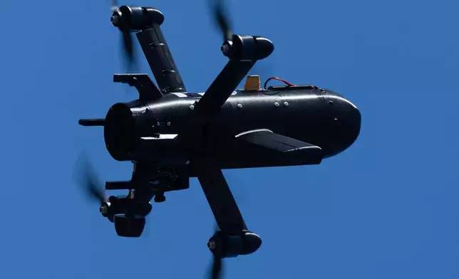 An anti-air interceptor drone designed to destroy Russian attack drones from the Ukrainian company General Cherry is seen during a demonstration in Kyiv region, Wednesday, March 11, 2026. (AP Photo/Efrem Lukatsky)