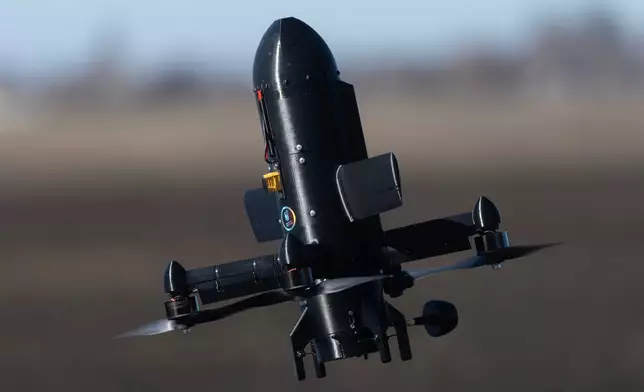 An anti-air interceptor drone designed to destroy Russian attack drones from the Ukrainian company General Cherry is seen during a demonstration in Kyiv region, Wednesday, March 11, 2026. (AP Photo/Efrem Lukatsky)