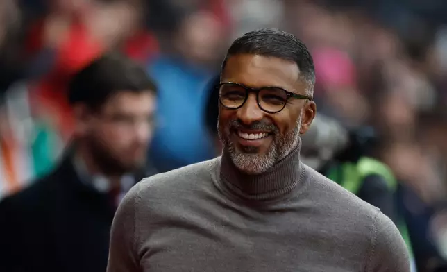 FILE - Rennes' head coach Habib Beye smiles during the French League One soccer match between Rennes and Nice, Oct. 26, 2025 in Rennes, western France. (AP Photo/Jeremias Gonzalez, File)