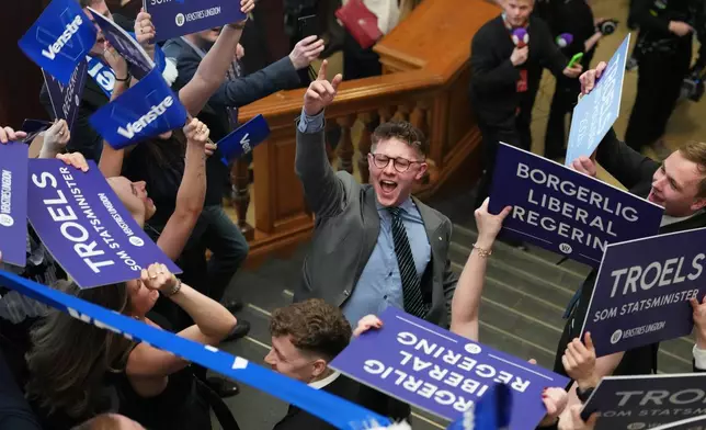 Members of the conservative liberal Venstre party react after the General Election in the Danish Parliament in Copenhagen, Denmark, Tuesday, March 24, 2026. (AP Photo/Sergei Grits)
