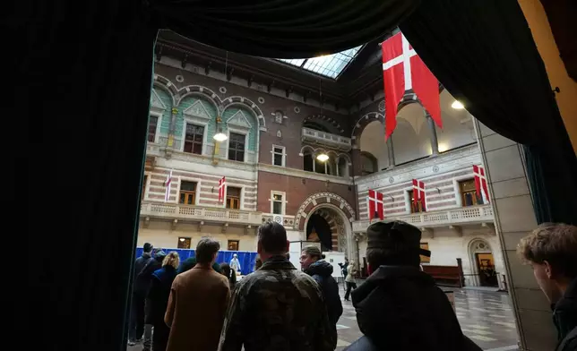 People line up to receive their ballots at a polling station at City Hall in Copenhagen, Denmark, on Tuesday, March 24, 2026, during the general election. (AP Photo/Sergei Grits)