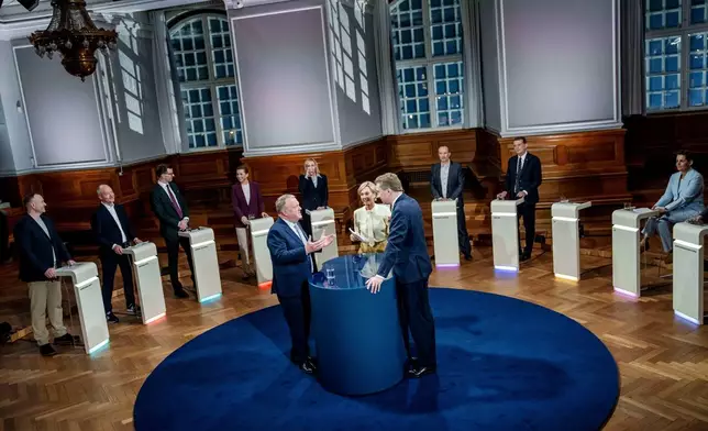 Leader of the Moderates Lars Loekke Rasmussen, center left, and leader of the Danish People's Party Morten Messerschmidt , center, right, speak during TV2's party leader debate 'The Last Answer' in the Common Hall at Christiansborg, in Copenhagen, Monday, March 23, 2026. (Mads Claus Rasmussen/Ritzau Scanpix via AP)