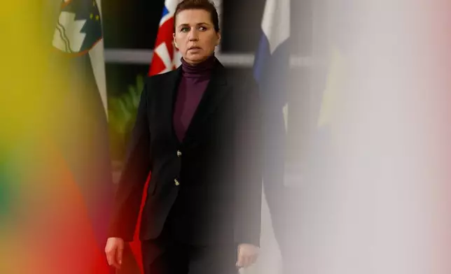 FILE - Denmark's Prime Minister Mette Frederiksen arrives for the EU summit in Brussels, Jan. 22, 2026. (AP Photo/Geert Vanden Wijngaert, File)