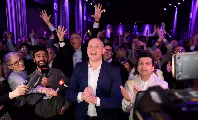 Jacob Engel Schmidt from the Moderates reacts to the first exit poll during the Danish election for the parliament in Copenhagen, Tuesday, March 24, 2026. (Rasmus Flindt Pedersen/Ritzau Scanpix via AP)