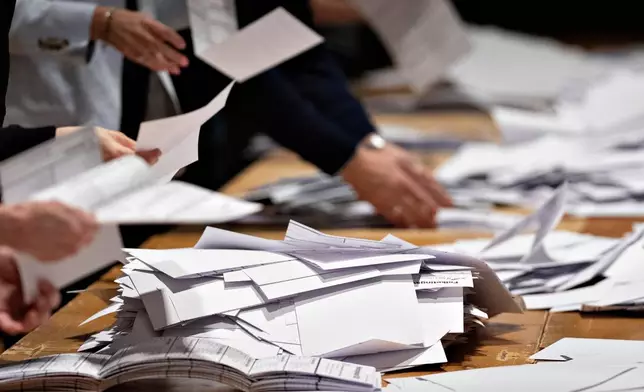 Ballots will be sorted at the end of the general election in Aalborg, Denmark, Tuesday, March 24, 2026. (Henning Bagger/Ritzau Scanpix via AP)
