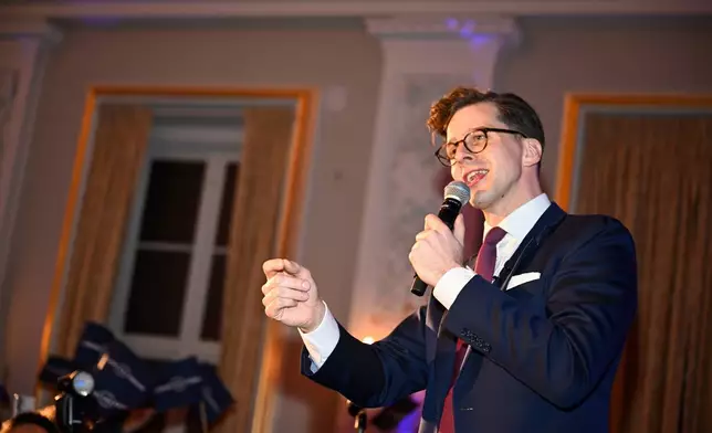 Chairman of Liberal Alliance Alex Vanopslagh speaks at the election party after the parliamentary elections, at Moltkes Palae, in Copenhagen, Denmark, Tuesday, March 24, 2026. (Nils Meilvang/Ritzau Scanpix via AP)