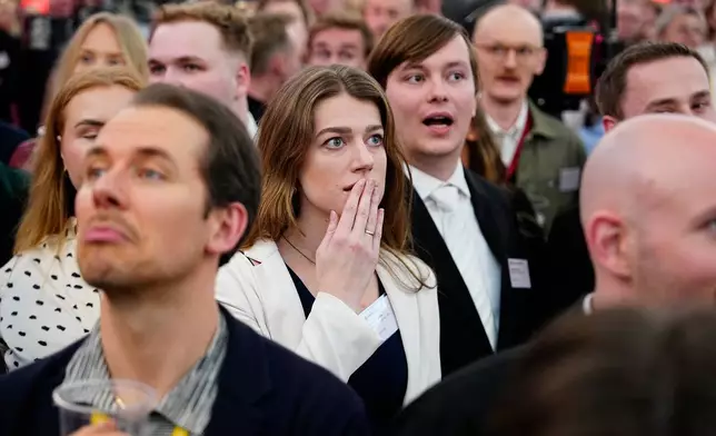 Members of The Social Democrats react to the first exit poll during the Danish election for the parliament in Copenhagen, Tuesday, March 24, 2026. (Mads Claus Rasmussen/Ritzau Scanpix via AP)