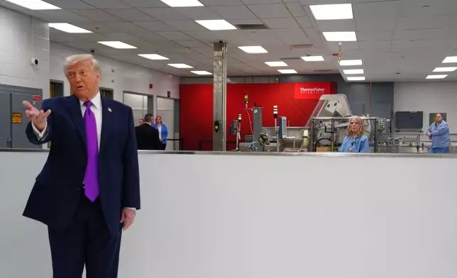 President Donald Trump speaks as he visits Thermo Fisher Scientific, Wednesday, March 11, 2026, in Cincinnati. (AP Photo/Julia Demaree Nikhinson)