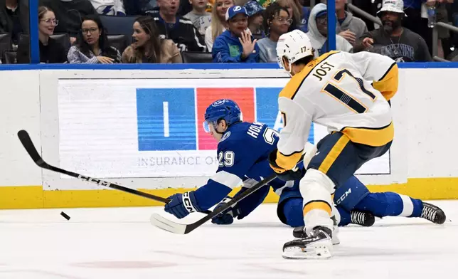 Tampa Bay Lightning right wing Pontus Holmberg (29) and Nashville Predators center Tyson Jost (17) battle or the puck during the second period of an NHL hockey game, Sunday, March 29, 2026, in Tampa, Fla. (AP Photo/Jason Behnken)