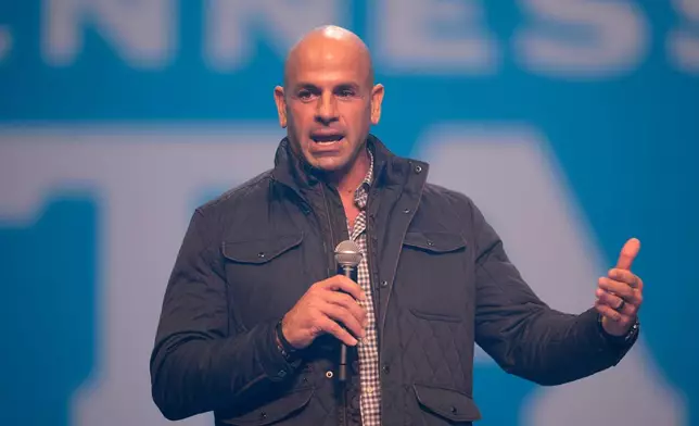 Tennessee Titans head coach Robert Saleh speaks during the NFL football team's new uniform event Thursday, March 12, 2026, in Nashville, Tenn. (AP Photo/George Walker IV)