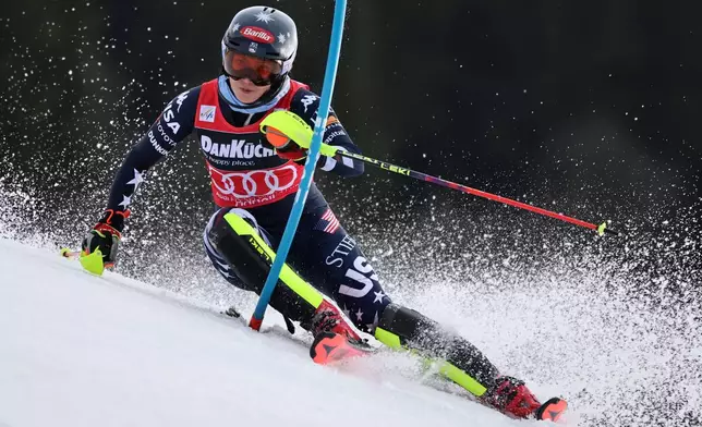 United States' Mikaela Shiffrin competes in an alpine ski, women's slalom race, at the Lillehammer World Cup Finals, in Hafjell, Norway, Tuesday, March 24, 2026. (AP Photo/Marco Trovati)