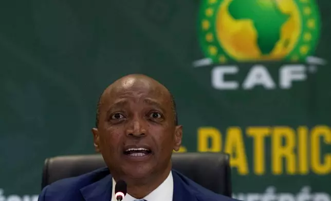 FILE - Confederation of African Football (CAF) President Patrice Motsepe speaks during a news conference in Johannesburg, South Africa, March 16, 2021. (AP Photo/Themba Hadebe, File)