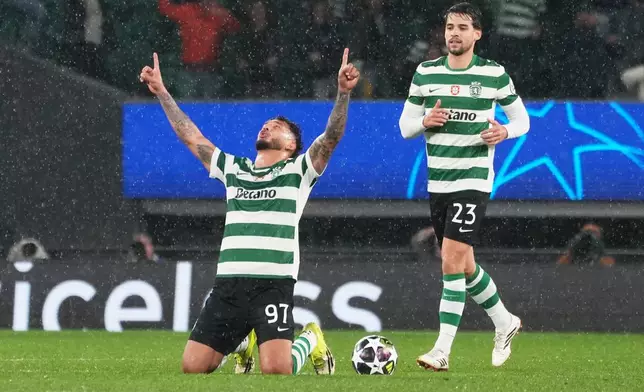 Sporting's Luis Suarez celebrates after scoring his side's opening goal during a Champions League round of 16 second leg soccer match between Sporting CP and Bodo Glimt in Lisbon, Portugal, Tuesday, March 17, 2026. (AP Photo/Ana Brigida)