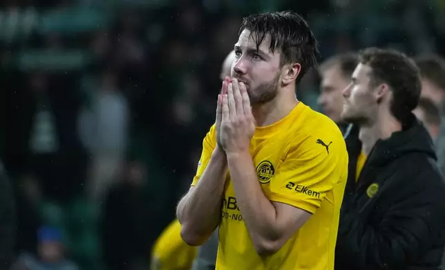 Glimt's Fredrik Andre Bjorkan is dejected after a Champions League round of 16 second leg soccer match between Sporting CP and Bodo Glimt in Lisbon, Portugal, Tuesday, March 17, 2026. (AP Photo/Ana Brigida)