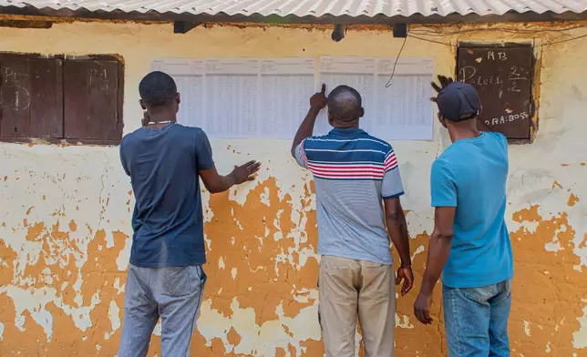 Voters check for their names at a polling station in Brazzaville, the Republic of Congo, Sunday, March 15, 2026. (AP Photo/Vivace Mambouana)