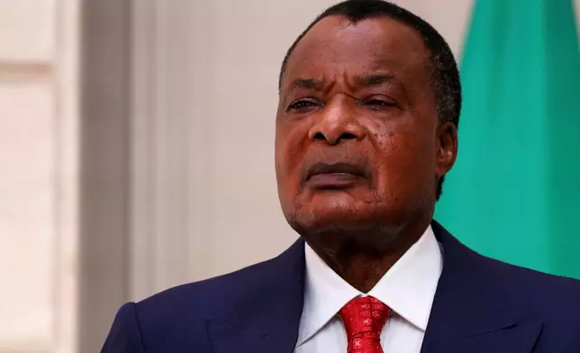 FILE - President of Congo Denis Sassou N'Guesso looks on during a ceremony at the Elysee Palace in Paris, on May 23, 2025. Thomas Samson/ Pool Photo via AP, FILE)