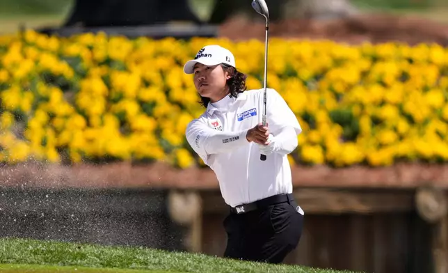 S.H. Kim of South Korea watches his shot out of a hazard on the 17th hole during the second round of The Players Championship golf tournament Friday, March 13, 2026, in Ponte Vedra Beach, Fla. (AP Photo/Gerald Herbert)