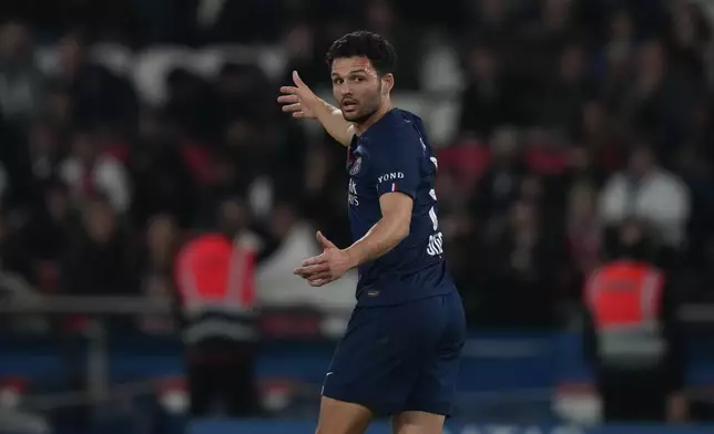 PSG's Goncalo Ramos reacts during the French League One soccer match between Paris Saint-Germain and Monaco in Paris, Friday, March 6, 2026. (AP Photo/Thibault Camus)