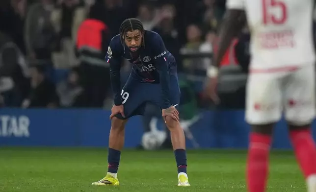 PSG's Bradley Barcola looks on during the French League One soccer match between Paris Saint-Germain and Monaco in Paris, Friday, March 6, 2026. (AP Photo/Thibault Camus)
