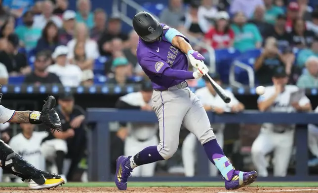 Colorado Rockies' Ezequiel Tovar hits a singe during the second inning of a baseball game against the Miami Marlins, Friday, March 27, 2026, in Miami. (AP Photo/Lynne Sladky)