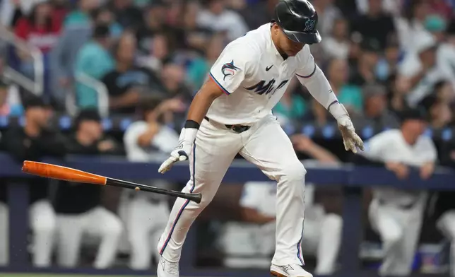 Miami Marlins' Javier Sanoja drops his bat after hitting a RBI single to score Owen Caissie during the second inning of a baseball game against the Colorado Rockies, Friday, March 27, 2026, in Miami. (AP Photo/Lynne Sladky)